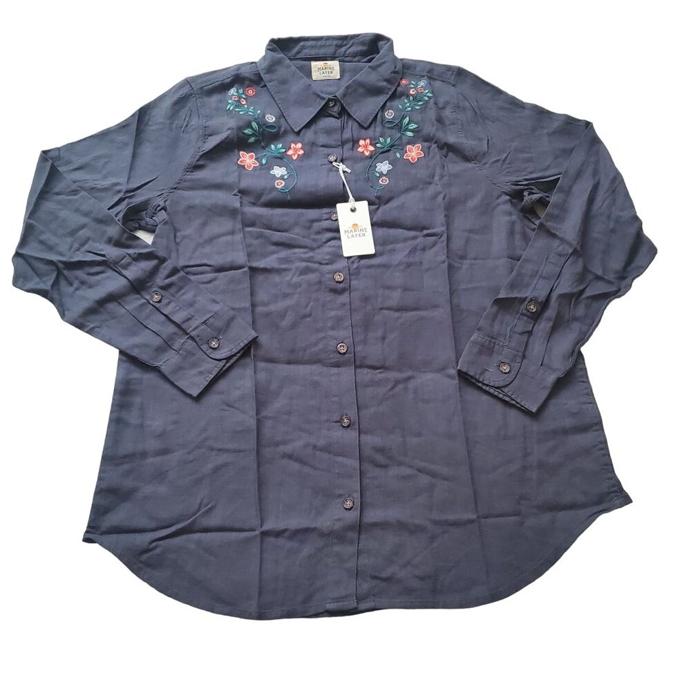 Marine Layer Aria LS Relaxed Embroidered Shirt faded black sz medium button down - Picture 4 of 16